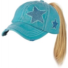 Messy High Bun Ponytail Adjustable Glitter Star Distressed Baseball Cap Hat